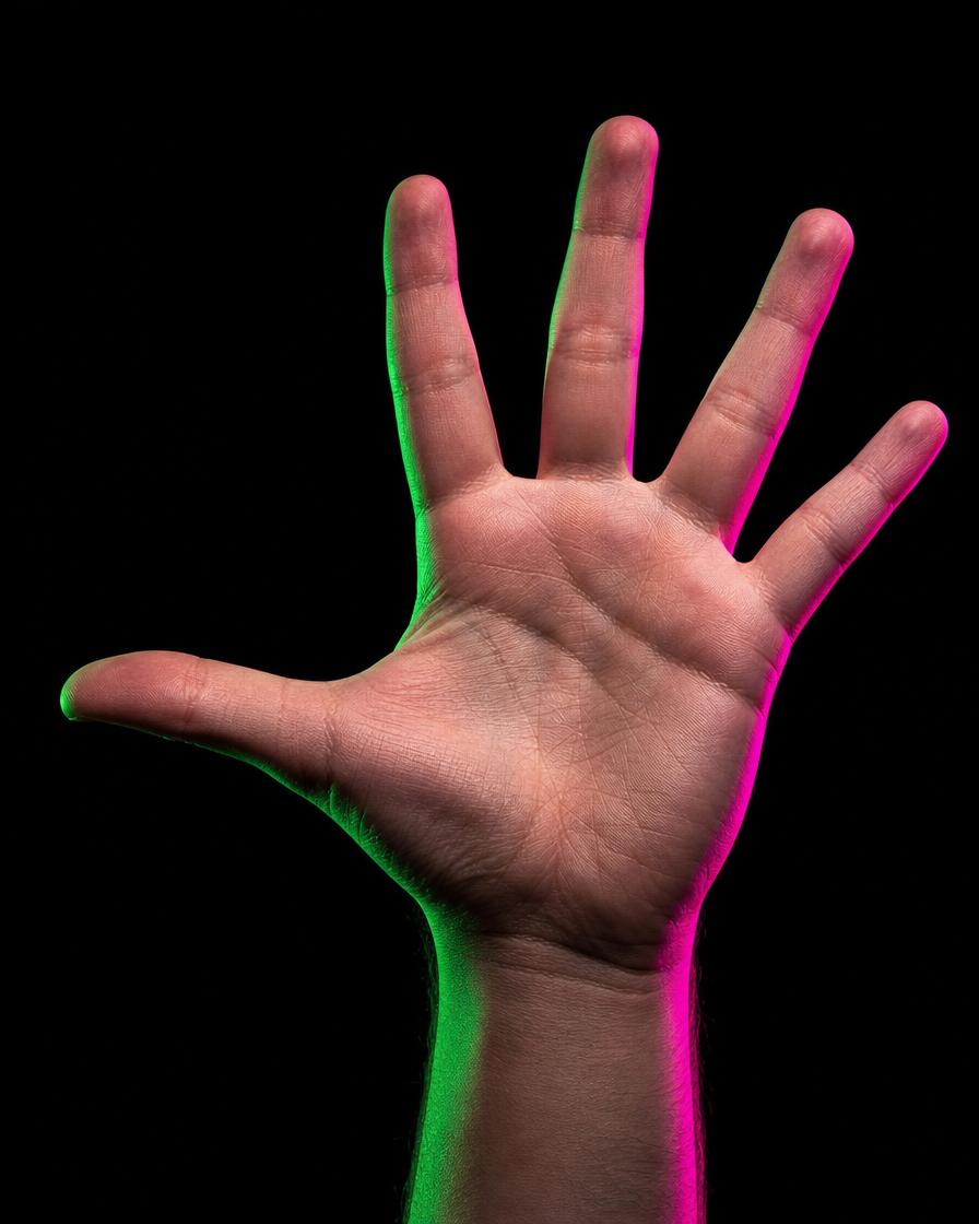 A hand raised against pitch black, fingers fanned like turkey feathers, thumb out as the head, lit by green lens flare