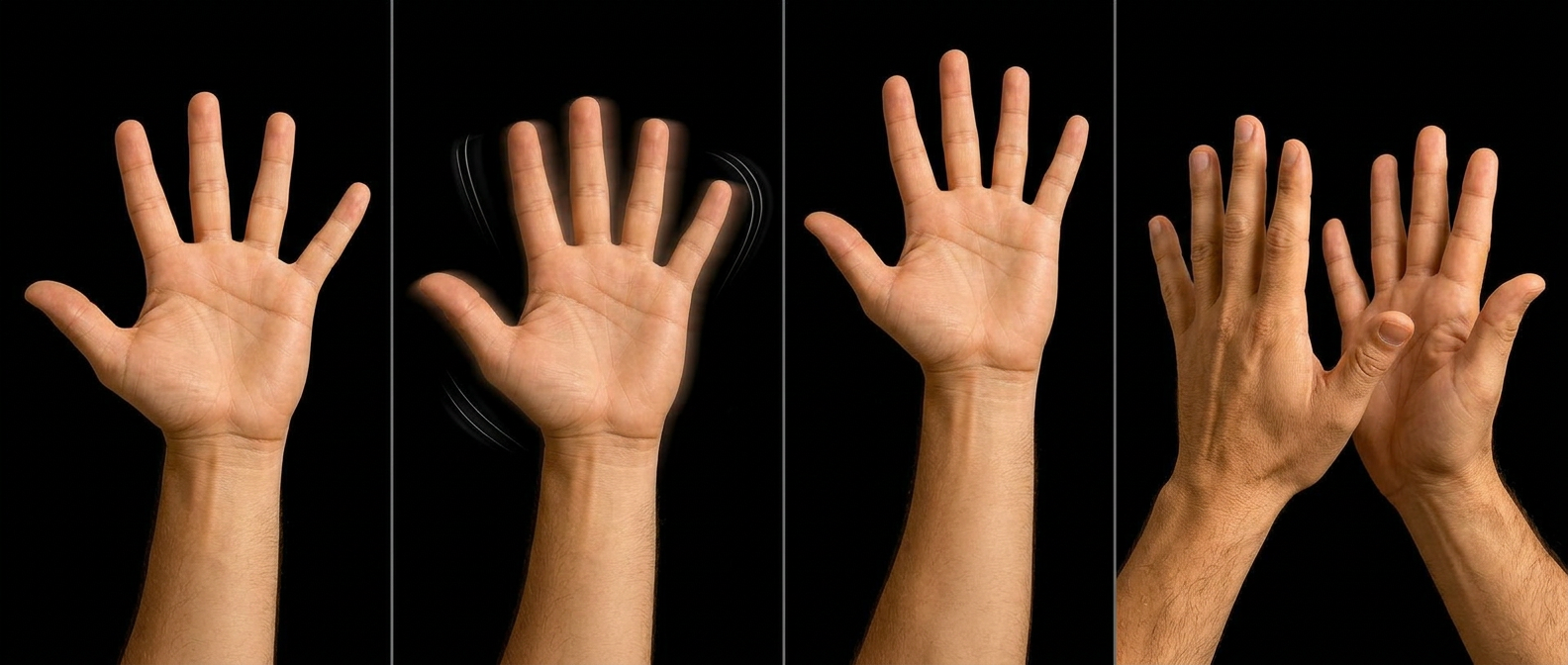 Four-panel diagram showing the Hand Turkey greeting steps: spread fingers, wobble wrist, raise hand, clap together