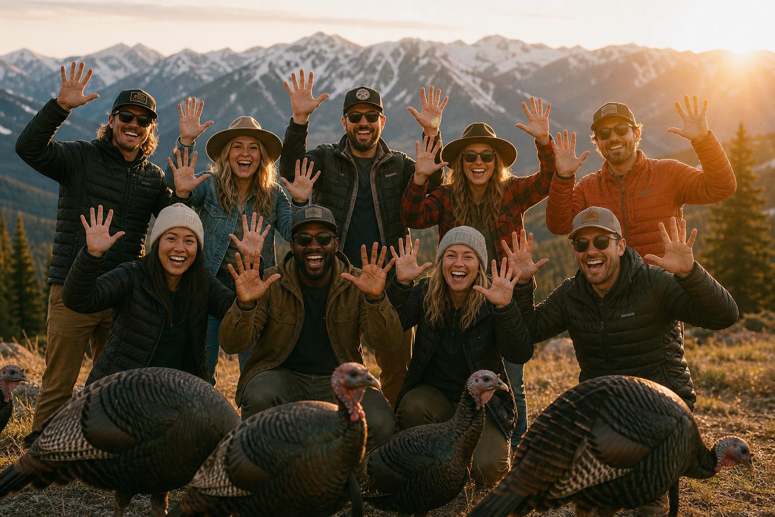 Group of people in Vail Colorado at golden hour raising hand turkeys against snow-capped mountains with wild turkeys in foreground