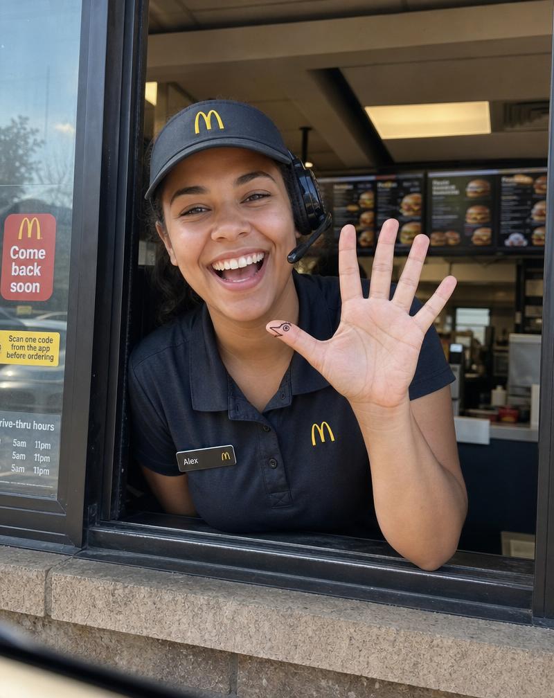 Fast food worker doing a hand turkey through drive-thru window