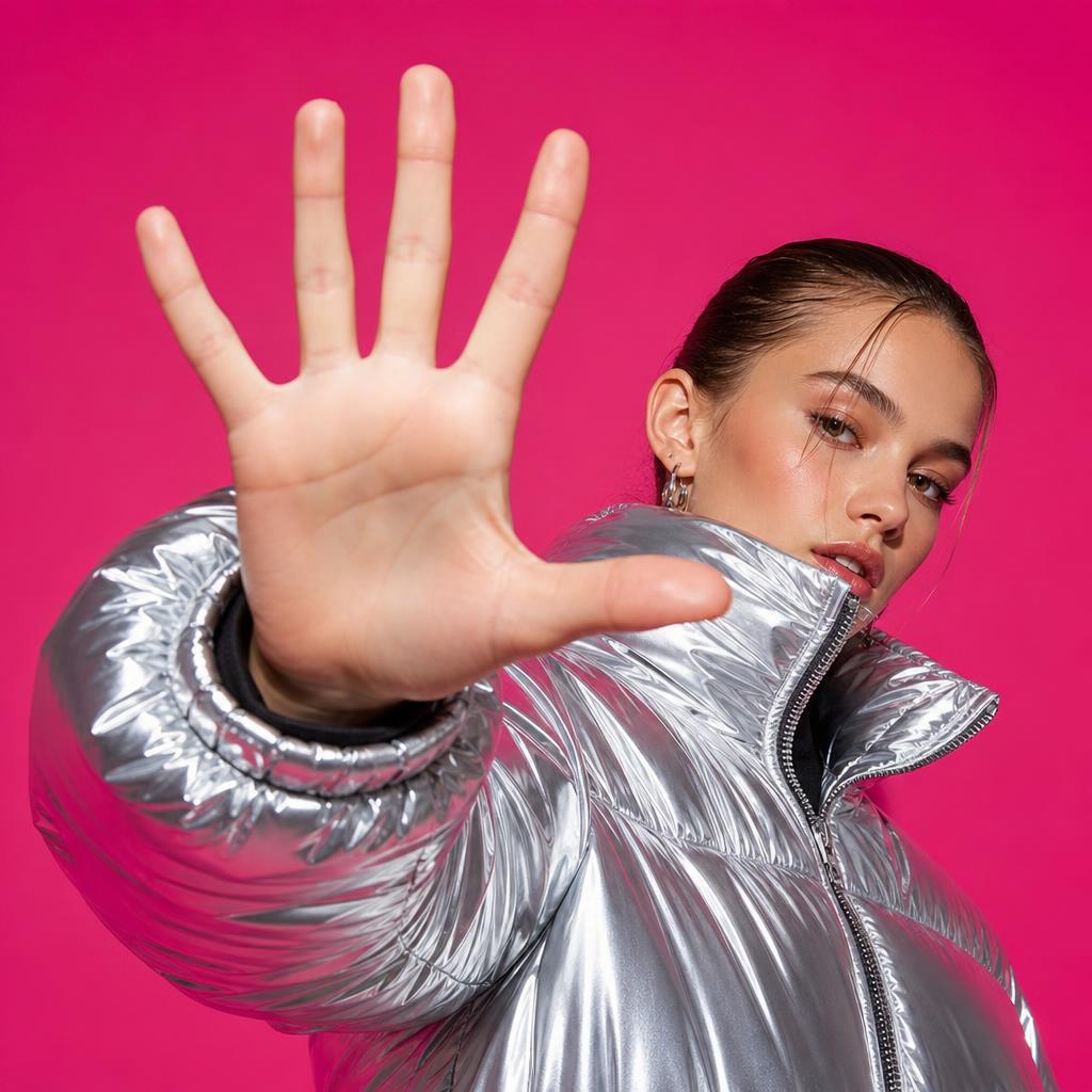 Model in chrome puffer doing a hand turkey on hot pink