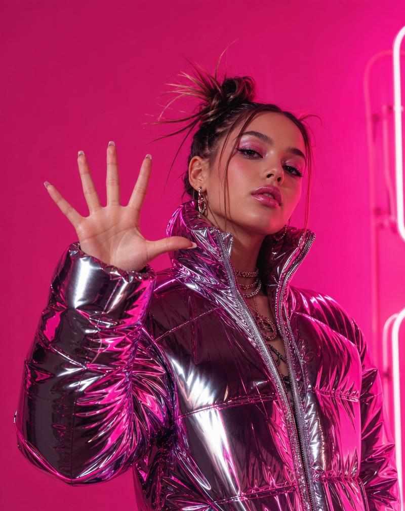 Model in chrome puffer doing a hand turkey on hot pink